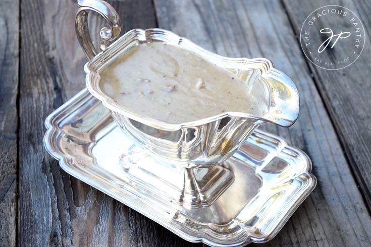 Giblet Gravy in a silver gravy boat.