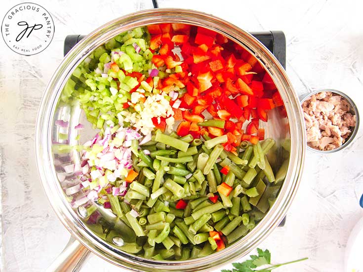 The vegetables sautéing in a skillet for this No Noodle Tuna Casserole Recipe