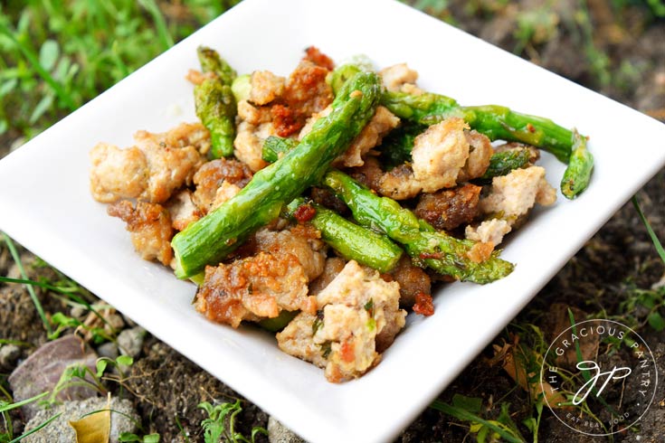 Ground Turkey Asparagus Skillet served in a square, white dish.