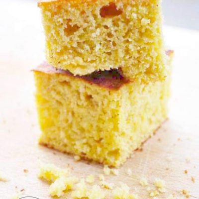 2 stacked pieces of fluffy, moist homemade cornbread made with real food ingredients