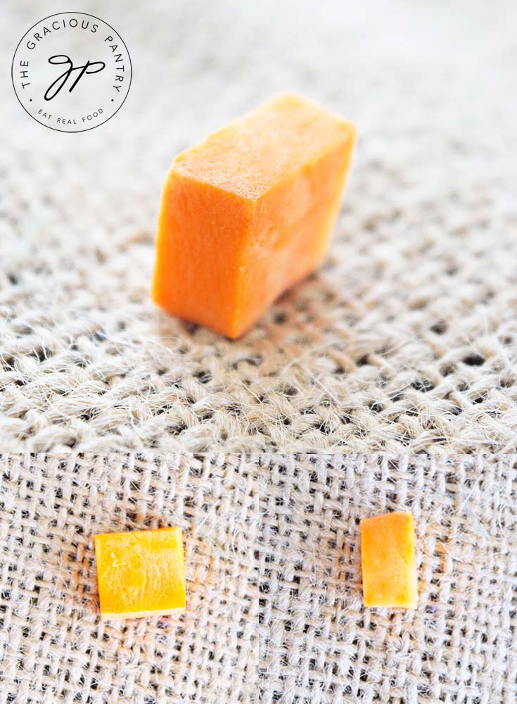 This image collage shows three different dice cuts of sweet potato