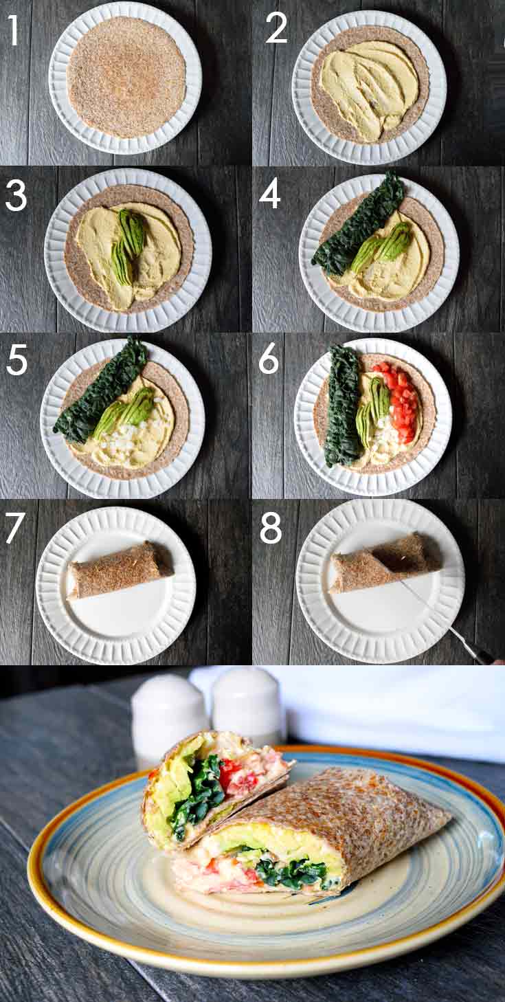 A collage showing the steps of this Clean Eating Kale And Hummus Wrap recipe coming together, one step at a time.