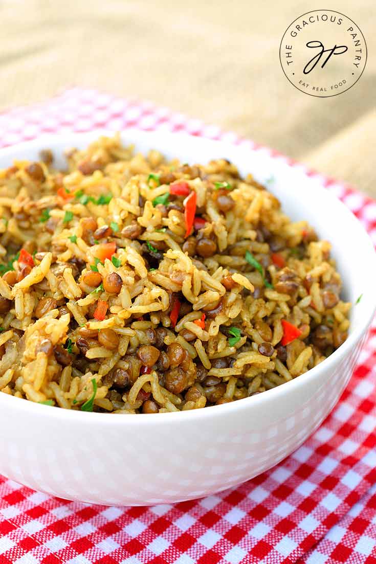 A side view of a white bowl filled with Lentils and Rice