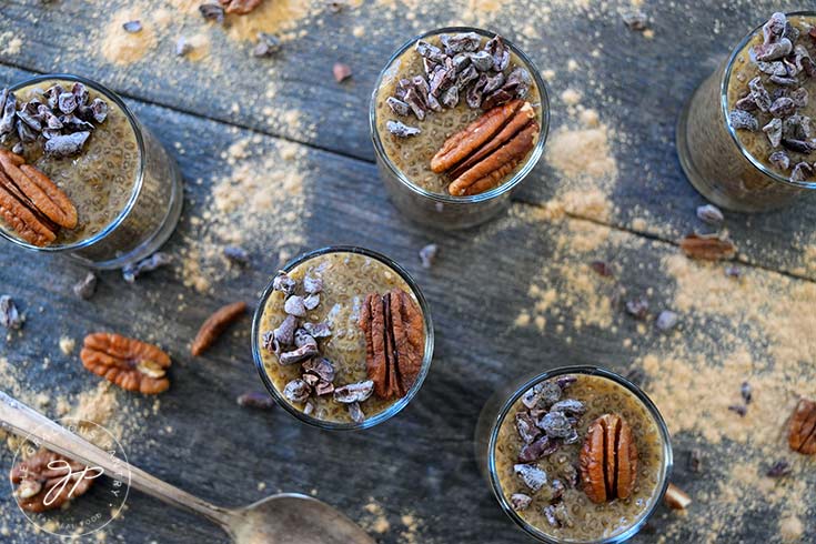 An overhead shot of these Clean Eating Maca Chia Seed Pudding shooters.