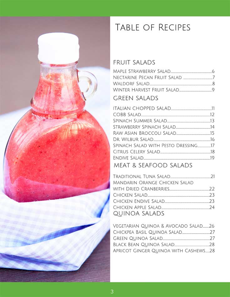 Page one of the table of contents in this Clean Eating Salads eCookbook