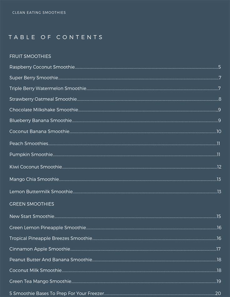 Image shows the table of contents page in this Clean Eating Smoothies eCookbook.
