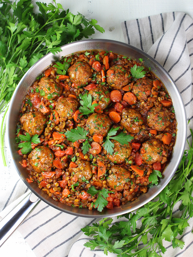 Moroccan lentils and ground turkey meatballs in skillet