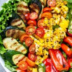 An overhead shot looking down into this beautiful bowl of Clean Eating Grilled Garden Salad. The colors are like a grilled veggie rainbow!