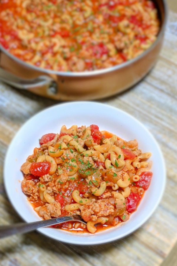 ground turkey goulash in white bowl