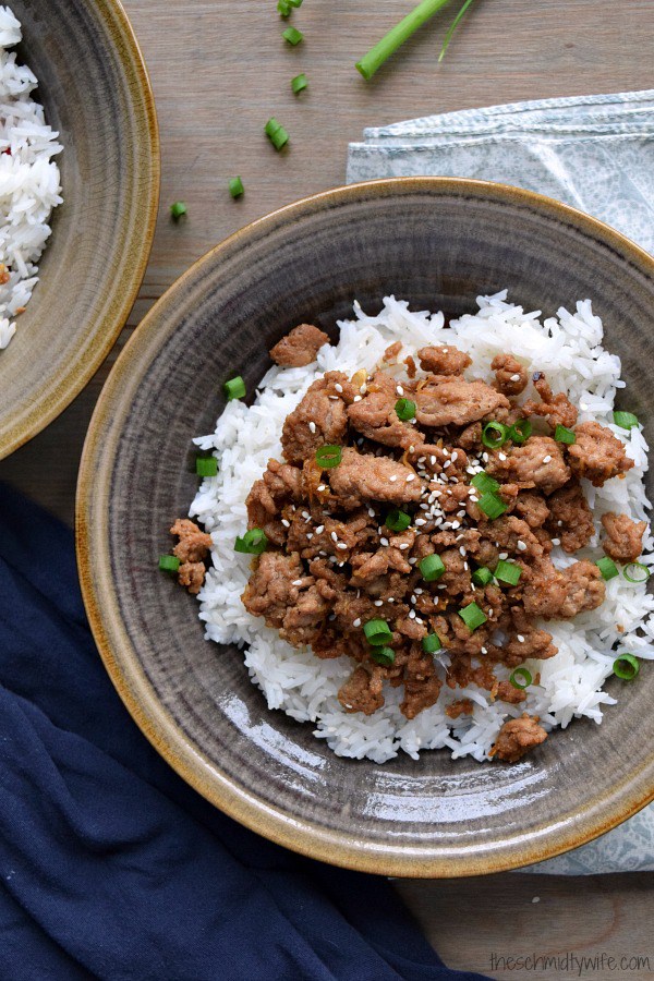 Korean spiced ground turkey and white rice in a bowl