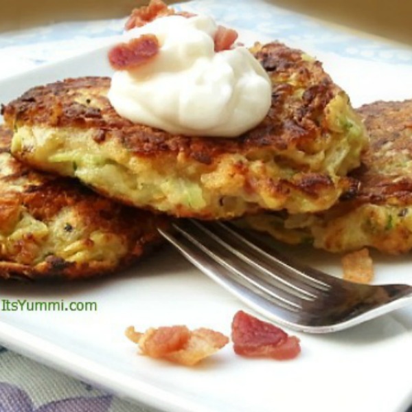 stack of potato pancakes made with zucchini and bacon