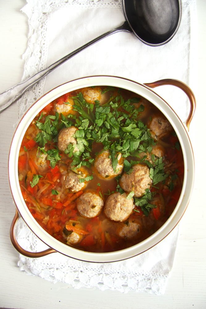 ladle next to pot of ground turkey meatball soup