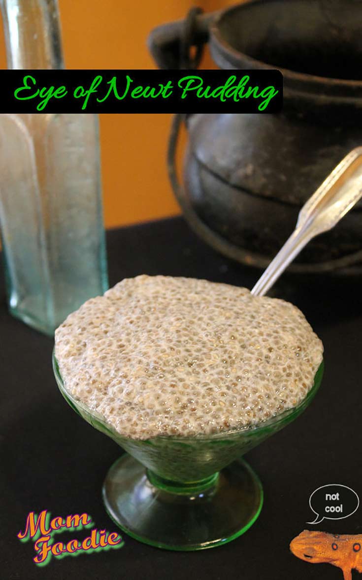 Eye of newt pudding in a glass serving bowl.