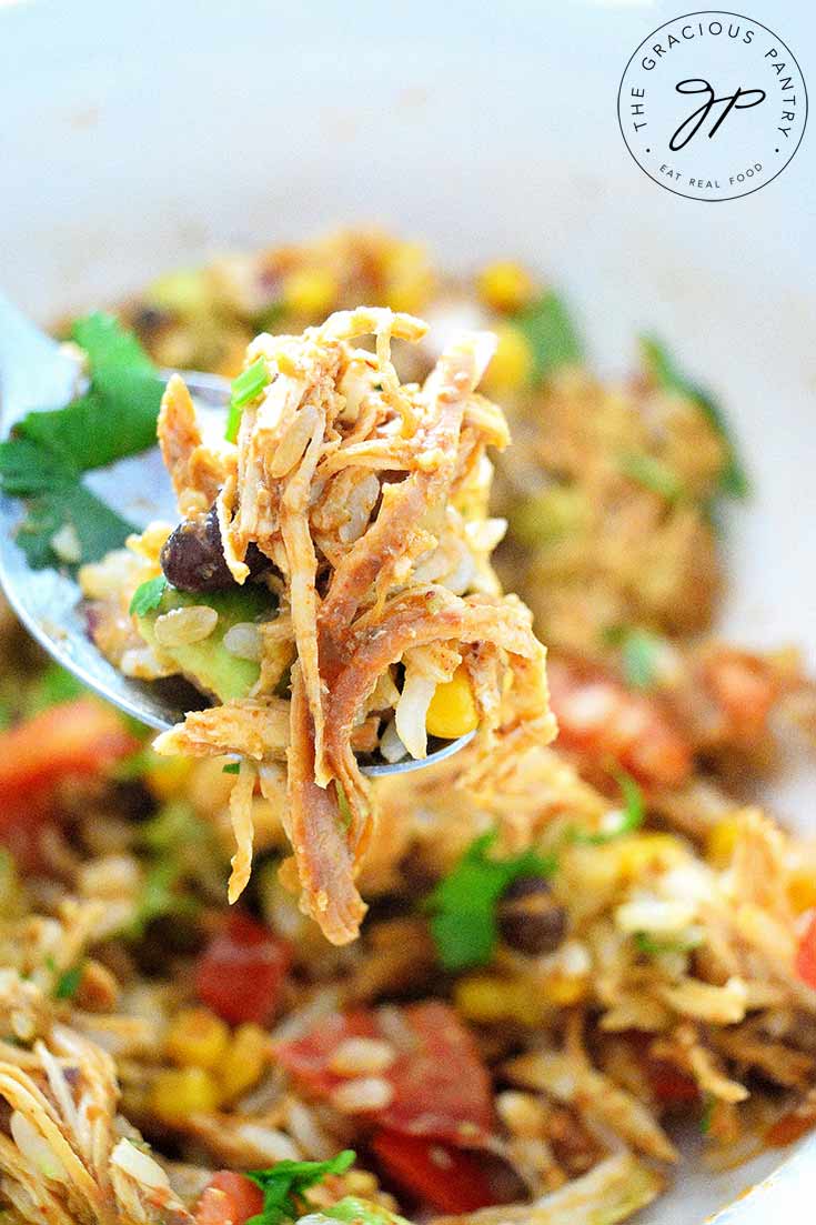 A fork lifts a bite of this Instant Pot Mexican Chicken out of bowl.