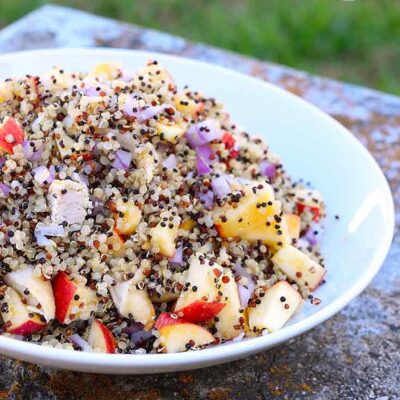 A bowl of this Apple Quinoa Salad With Chicken sits on a stone bench with grass in the background. You can see the quinoa, apples and chunks of chicken.