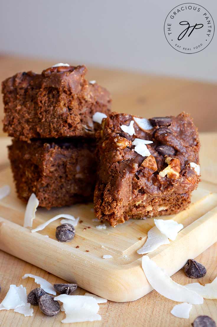 German Chocolate Brownies sitting in a table, ready to eat.