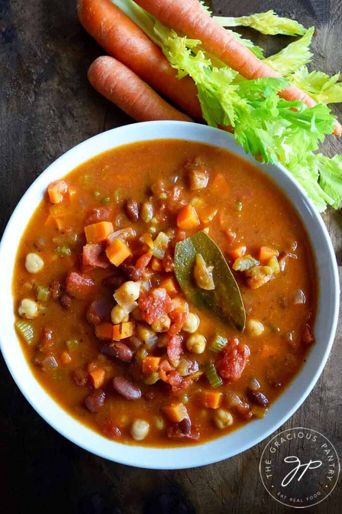 An overhead view looking down into a white bowl of this Minestrone Soup Recipe.