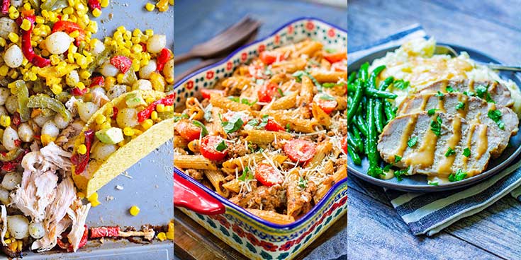 Three Dinners Meal Prep Plan includes baked ziti, slow cooker pork loin and a sheet pan Mexican dinner.