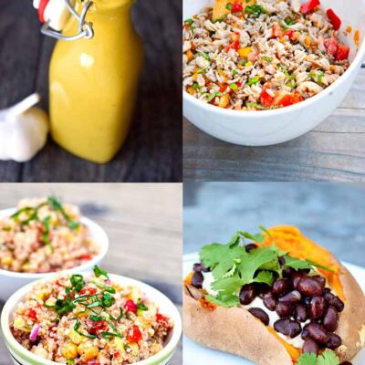 Meal Prep Lunches - Four images of each of the meals and dressing used in this meal prep plan.