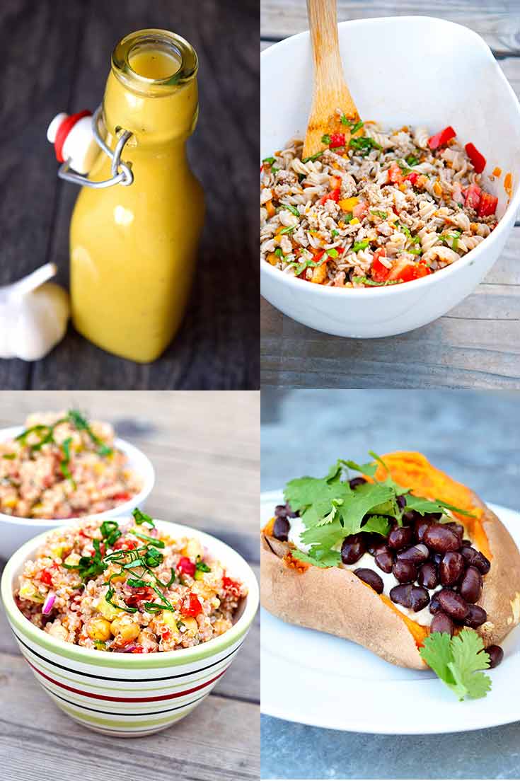 Meal Prep Lunches - Four images of each of the meals and dressing used in this meal prep plan.