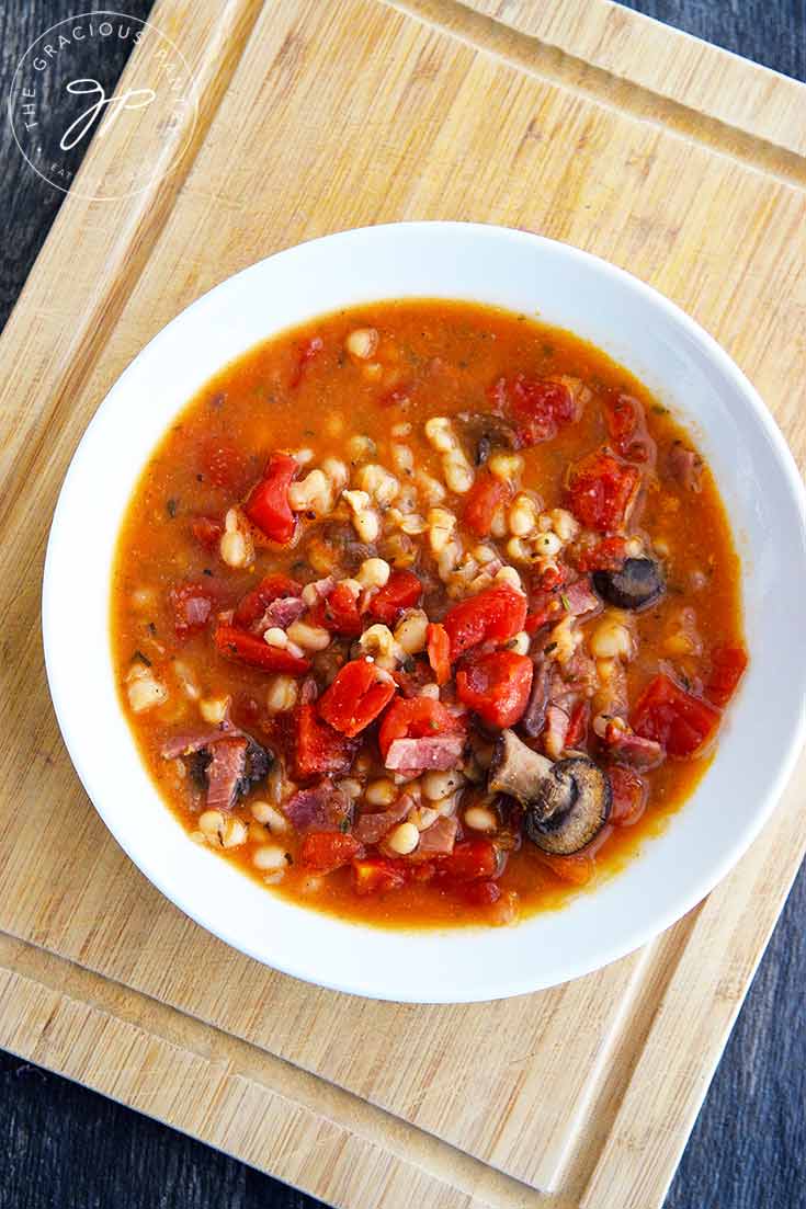 An overhead view of this Italian Navy Bean Soup, looking down into the bowl.