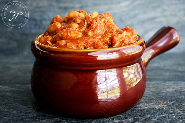 A horizontal view of a small crock of this Instant Pot Chicken Chili Recipe.