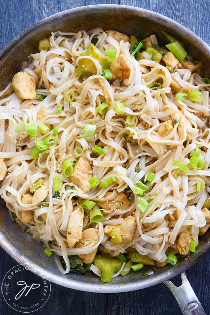 An overhead view of this Easy Teriyaki Chicken made with rice noodles.