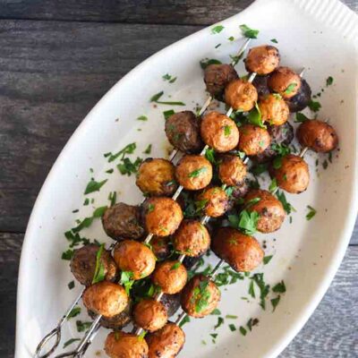 An overhead view of these Grilled Potato Skewers.