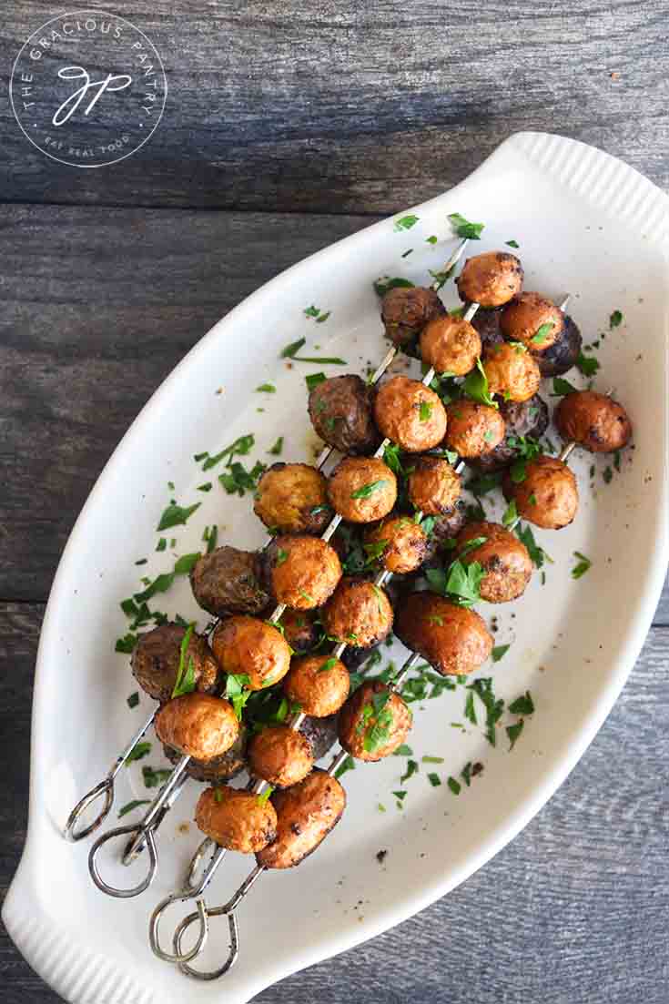 An overhead view of these Grilled Potato Skewers.