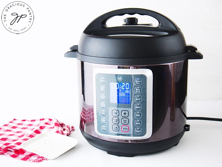An Instant Pot sitting on a white background with a red and white checkered towel laying next to it on the left.