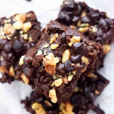 An overhead view of a stack of these Black Bean Brownies.