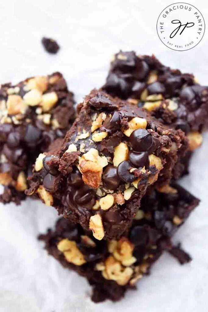 An overhead view of a stack of these Black Bean Brownies.