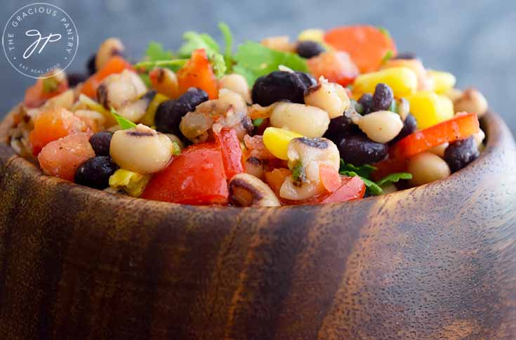 Horizontal shot of this Cowboy Caviar Recipe, at the edge of the bowl.