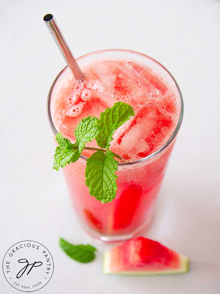 A top view looking into a glass filled with this Watermelon Agua Fresca.