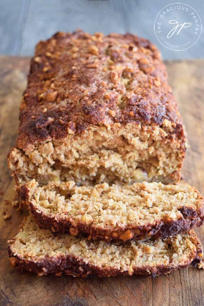 a view of sliced healthy apple bread shown from the front of the loaf.