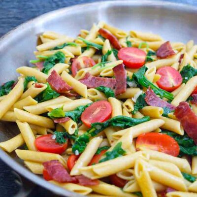 A skillet full of this just-made Baby Kale Pasta Recipe.