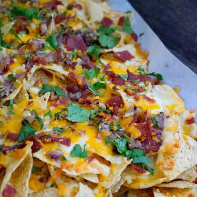 A side view of the finished nachos.