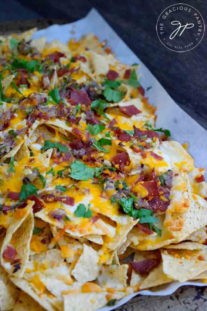 A side view of the finished nachos.