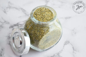 Ranch Dressing Mix in a clear jar with the lid off.