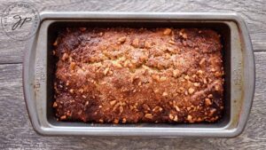 Just baked apple bread, hot out of the oven and still in the loaf pan.