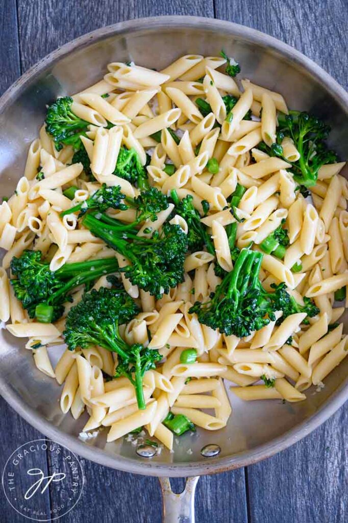 Garlicky Broccolini Pasta still in a skillet.
