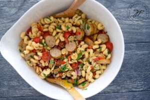 The finished Cavatappi Pasta Recipe in a white serving bowl.