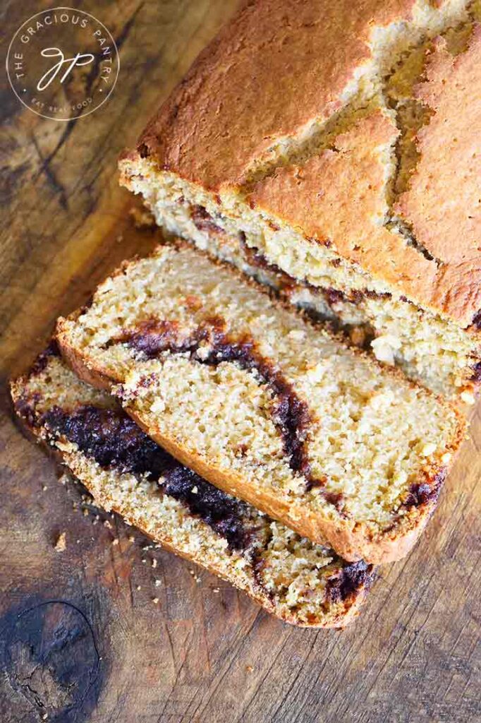 Sliced Cinnamon Bread on a cutting board.