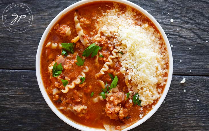 Finished lasagna soup in a serving bowl.