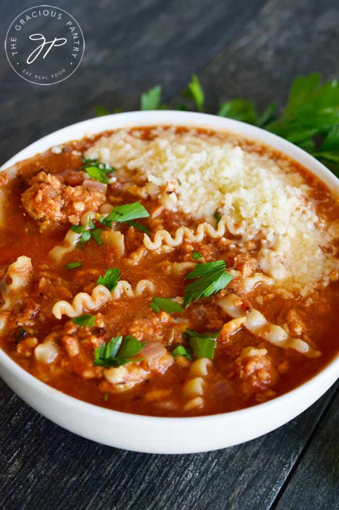 Lasagna Soup recipe in a white bowl.