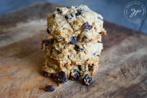 A stack of finished oatmeal raisin cookies.