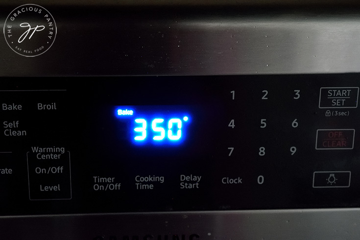 An oven display set to 350 degrees Fahrenheit.