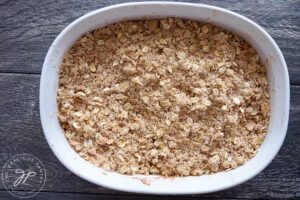 The finished apple crisp, ready to go into the oven for baking.