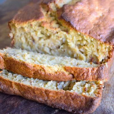 An up close shot of sliced oat flour banana bread.