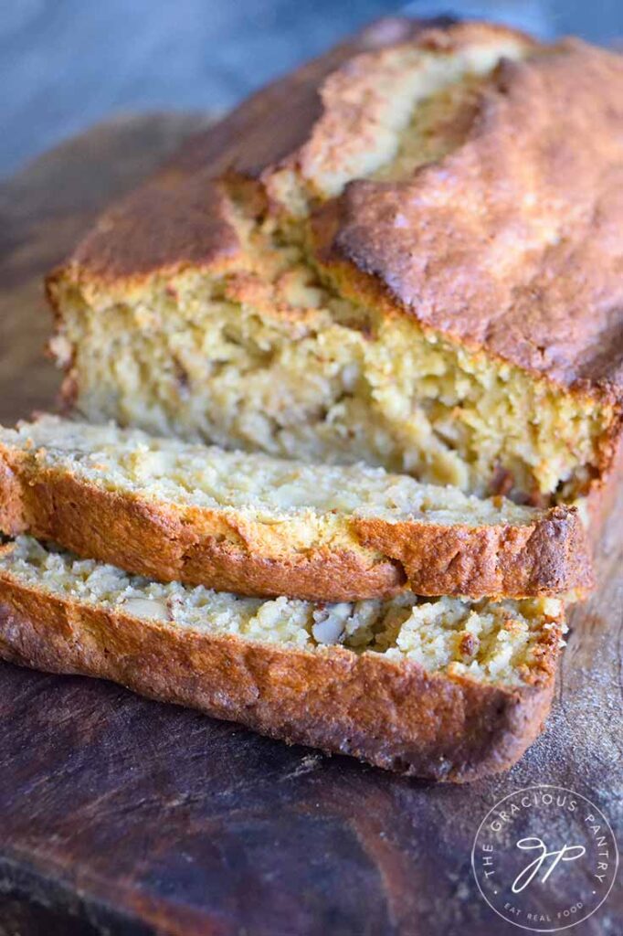 An up close shot of sliced oat flour banana bread.